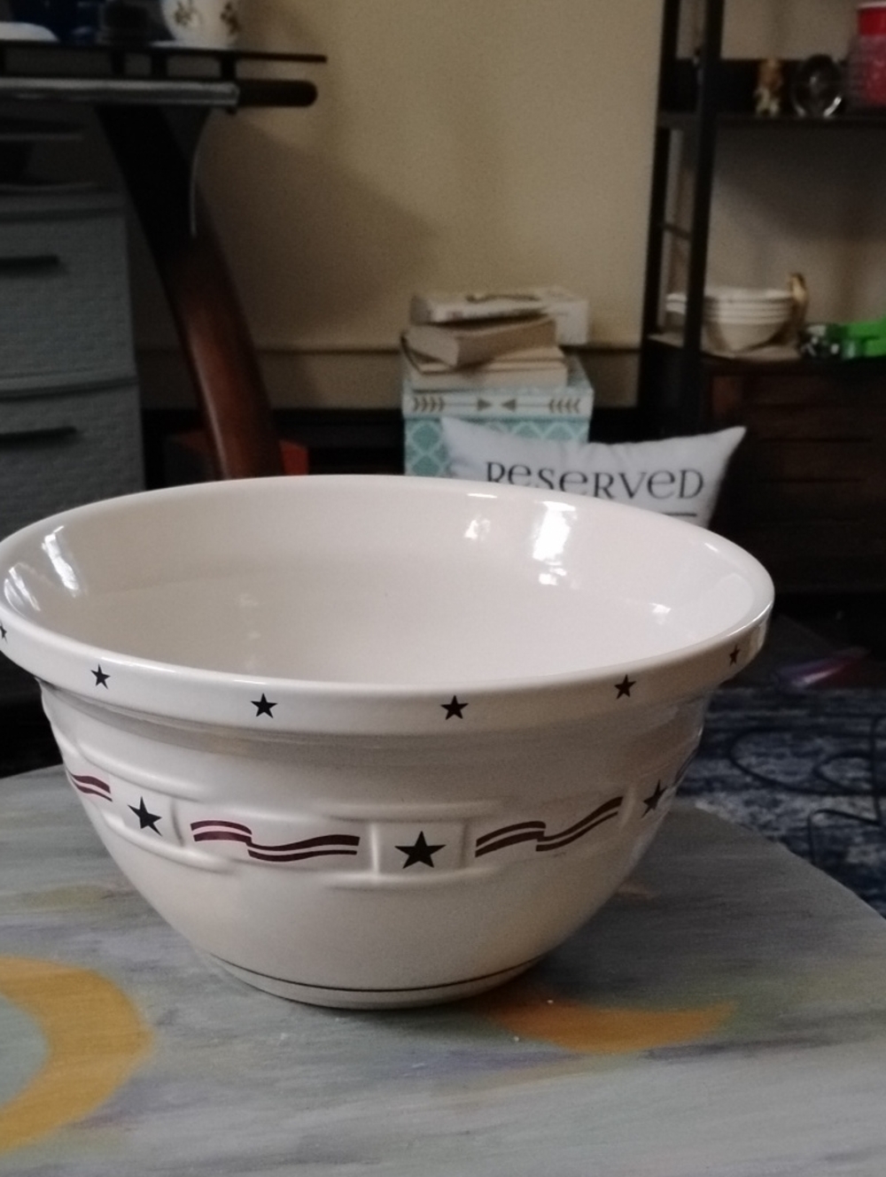 Longaberger White Ceramic Bowl with Blue Stars and Red Stripes